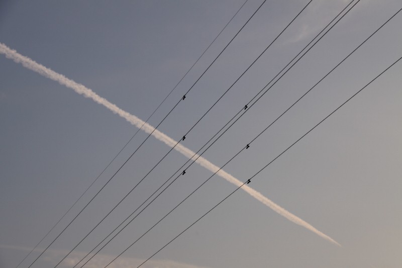 飛行機雲と送電線